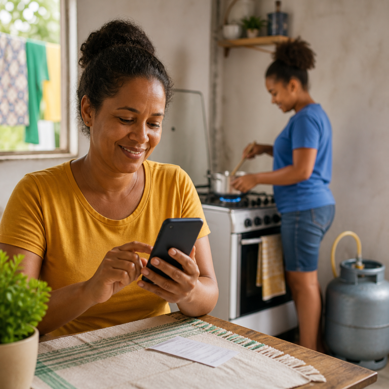 Família em cozinha brasileira consultando benefício do Auxílio-Gás Gás do Povo