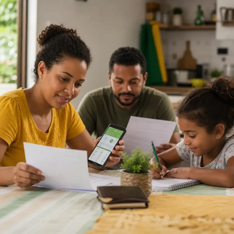 Família brasileira consultando informações sobre Bolsa Família pelo celular