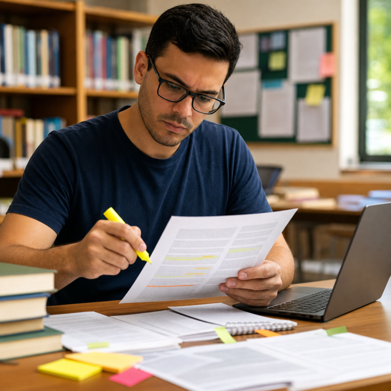 Candidato estudando edital de concurso público com documentos e computador