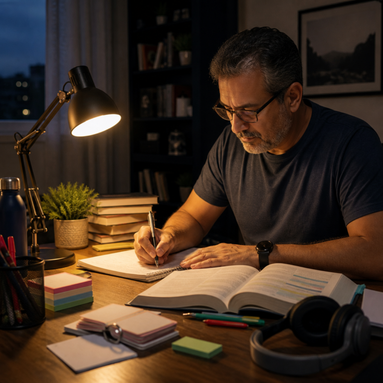 Candidato estudando à noite para concurso público com livros e anotações