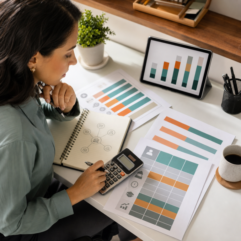 Pessoa analisando salários e benefícios de cargos públicos com calculadora e gráficos
